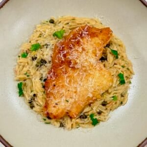 Golden chicken piccata is served over creamy lemon caper orzo with fresh parsley.