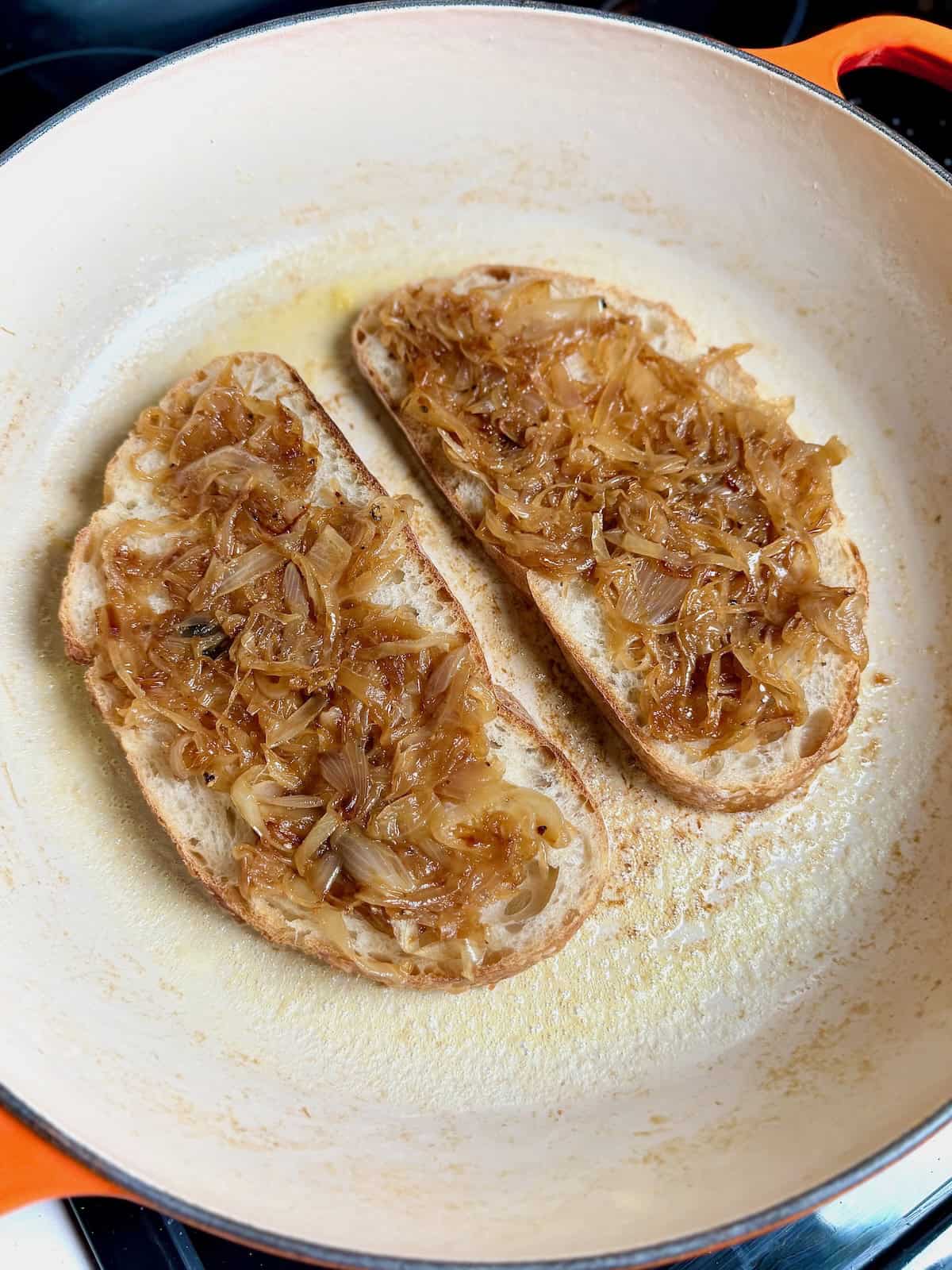 Caramelized onions layered onto slices of bread.