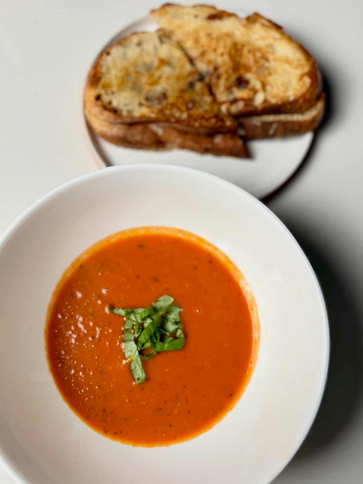 Tomato soup with caramelized onion grilled cheese.