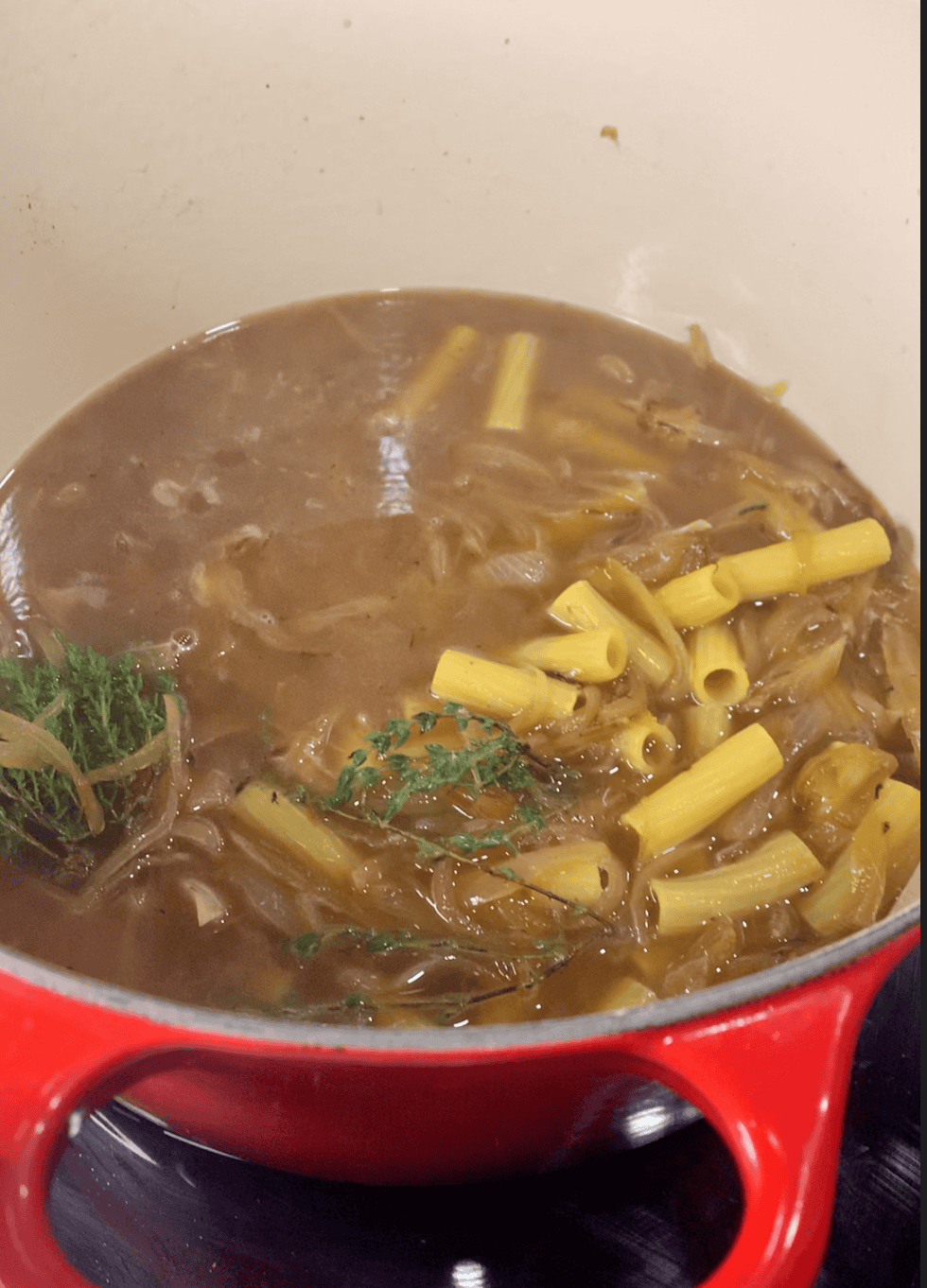 Pasta in Pot of Caramelized Onions and Broth