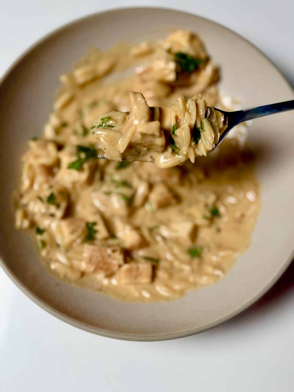 A fork lifting creamy Cajun chicken Alfredo orzo with parsley garnish.