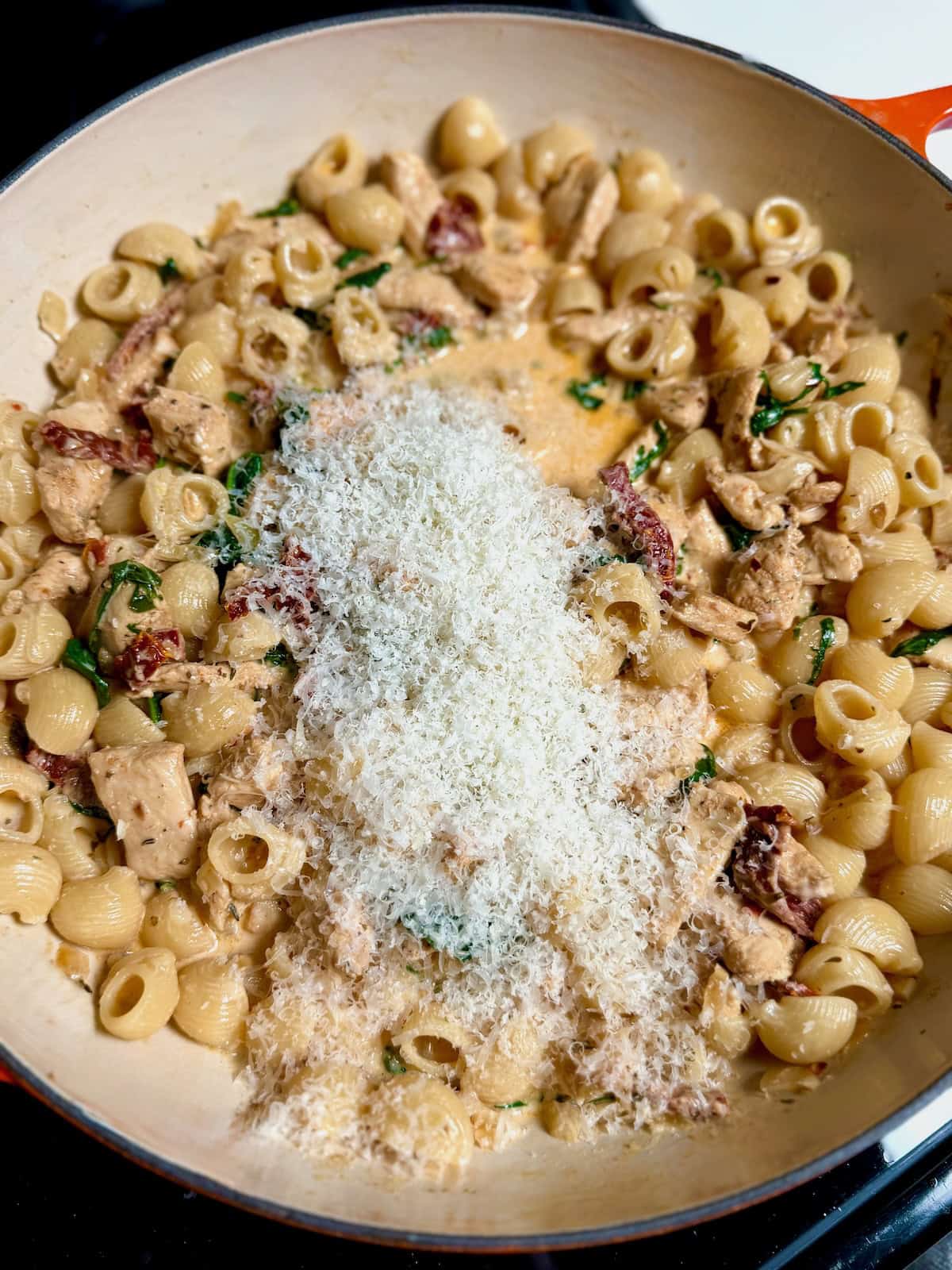 Cooked pasta tossed in creamy sun-dried tomato sauce with chicken and topped with freshly grated Parmesan cheese.