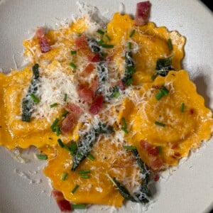 A white bowl with butternut squash ravioli