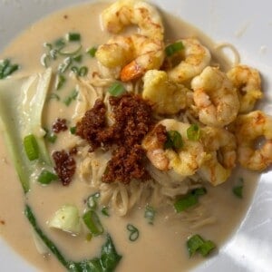 Bowl with Thai coconut noodle soup, shrimp, and bok choy
