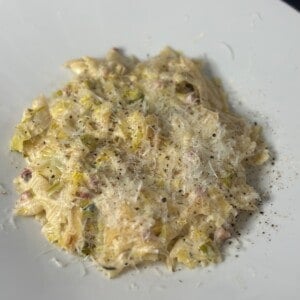 A white bowl with creamy caramelized leek and onion pasta topped with cheese