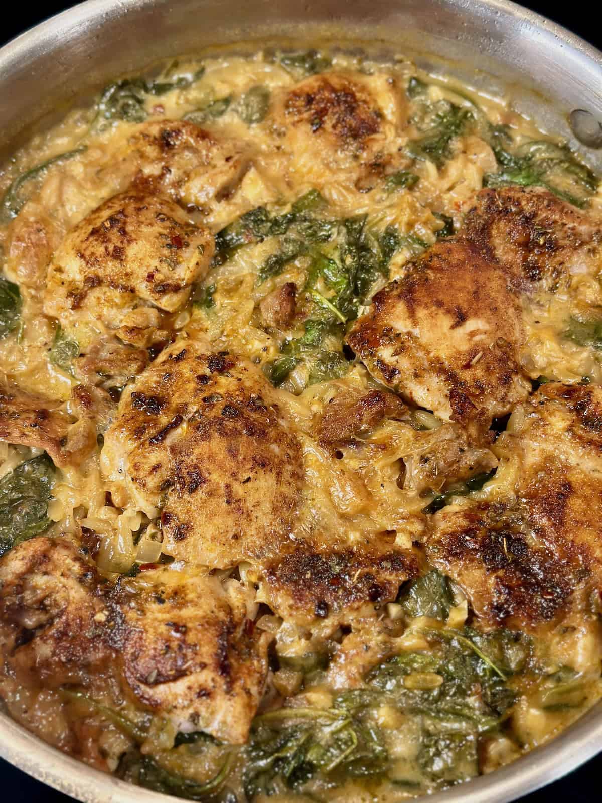 One Pan Sundried Tomato Chicken in Orzo after baking
