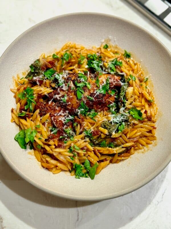 Creamy orzo with spinach and sun-dried tomatoes surrounds a piece of browned chicken.