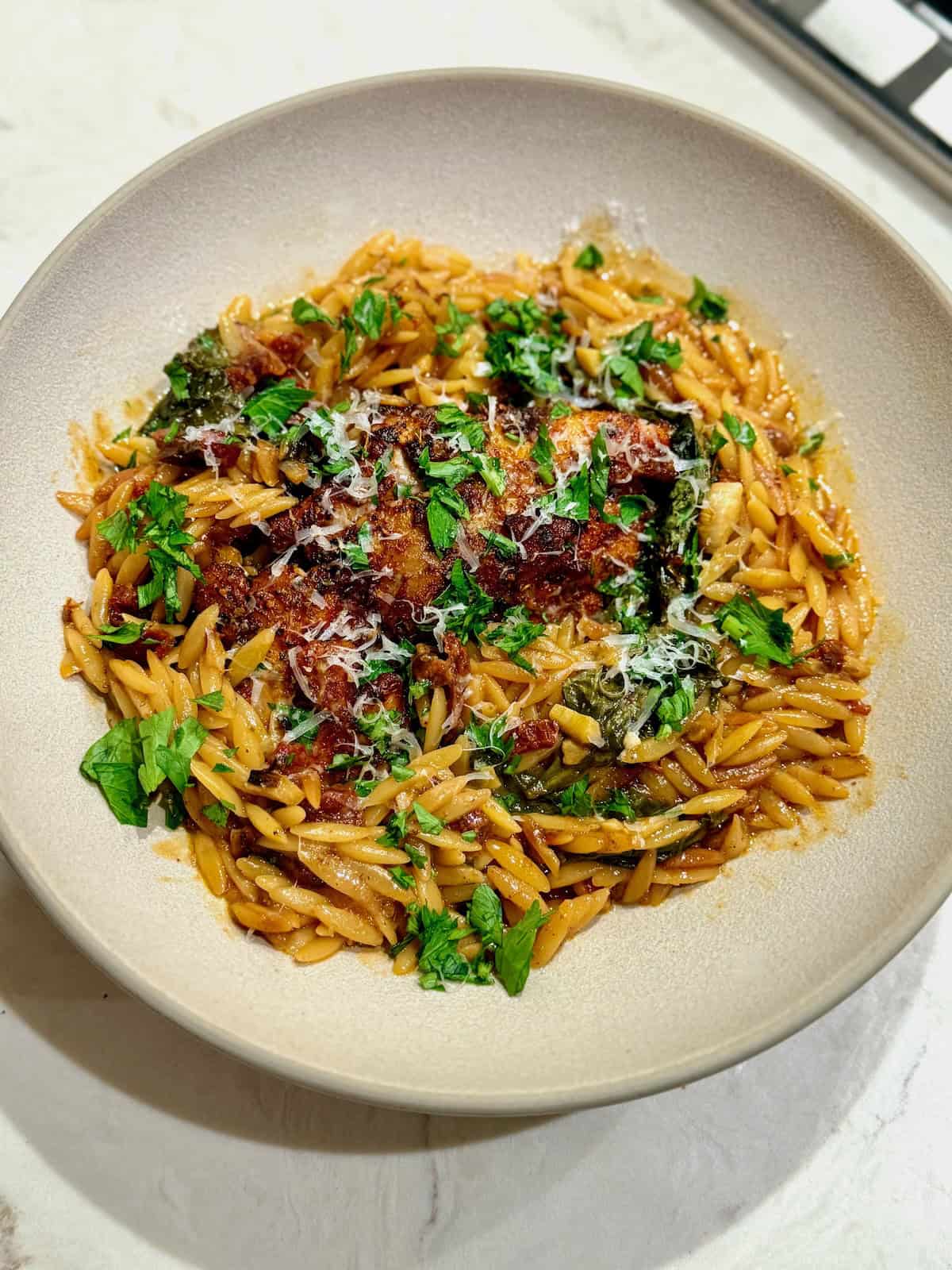 Creamy orzo with spinach and sun-dried tomatoes surrounds a piece of browned chicken.