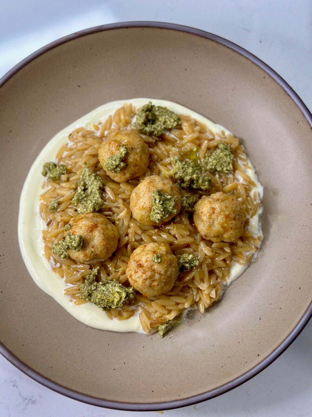 Whipped Ricotta Lemon Orzo with Chicken Meatballs and Pesto