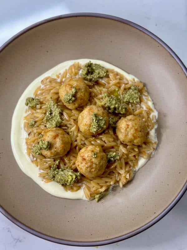 Whipped Ricotta Lemon Orzo with Chicken Meatballs and Pesto