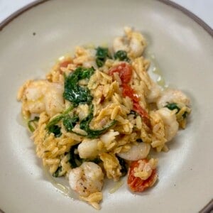 Tomato, Boursin, and Shrimp Baked Orzo in Bowl