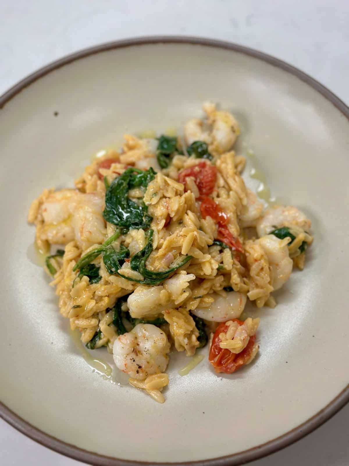 Tomato, Boursin, and Shrimp Baked Orzo in Bowl