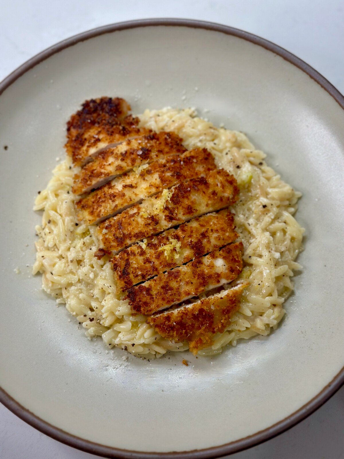 Orzo al limone with crispy parmesan chicken