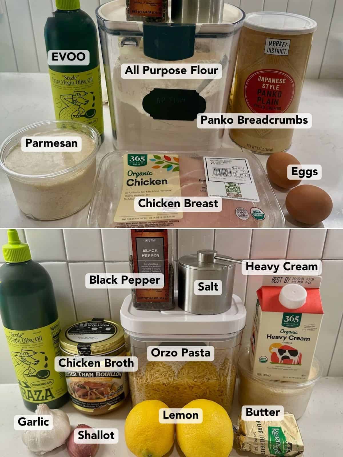 Ingredients for orzo al limone arranged on counter before cooking.