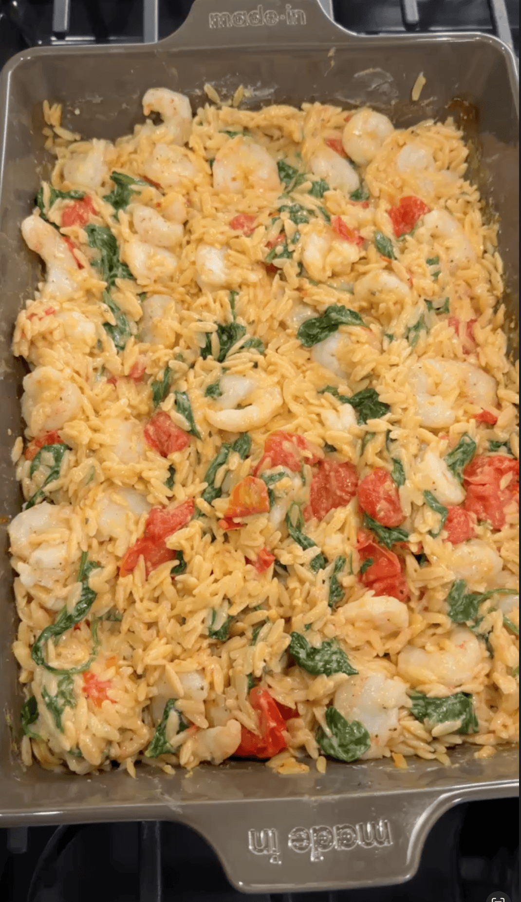 Tomato Boursin Shrimp Baked Orzo in Pan
