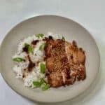 Bowl with hoison chicken, rice, green onions, and chili oil.