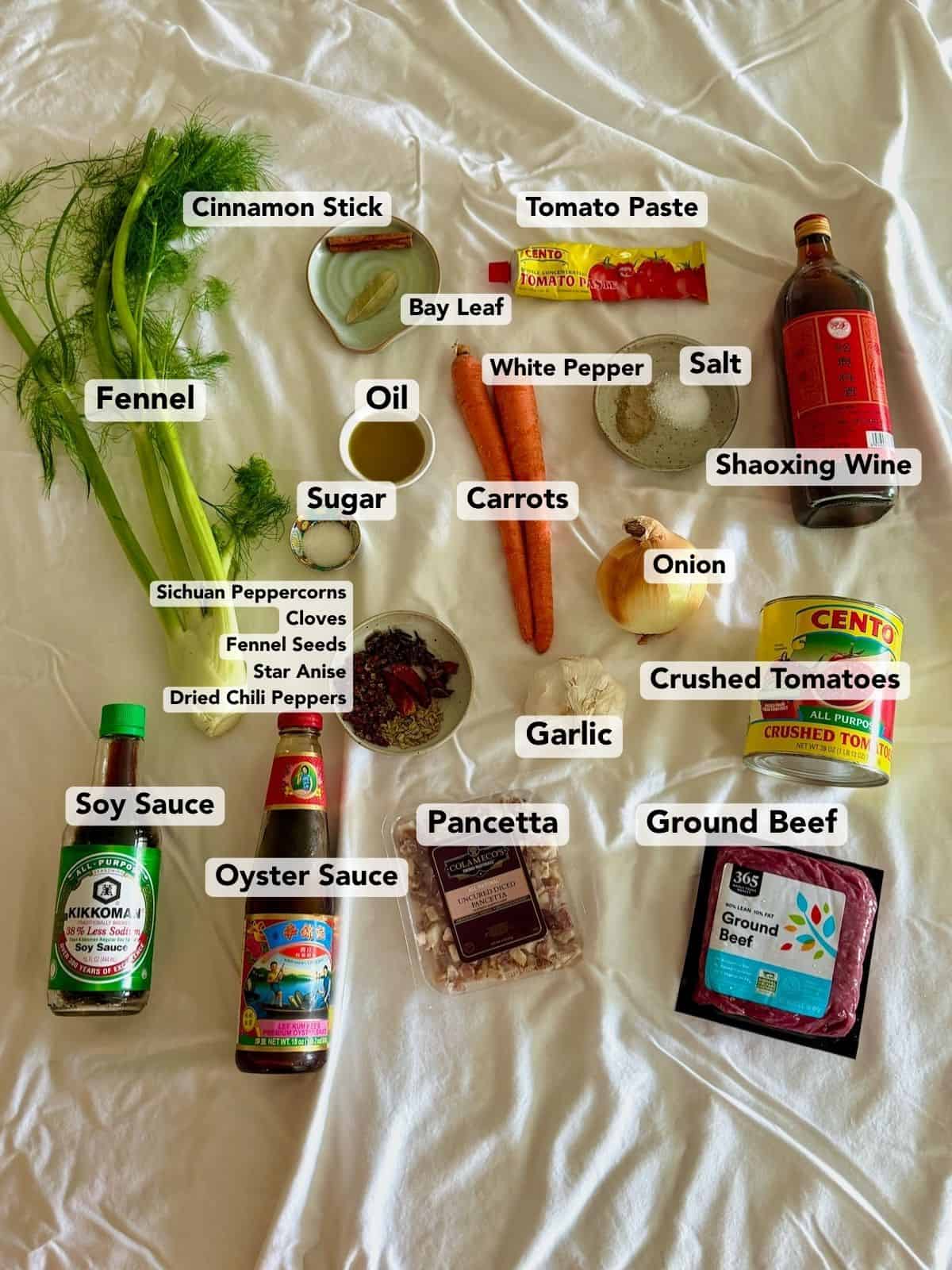 Ingredients for Chinese-Italian Ragu are arranged on a white cloth with labels.