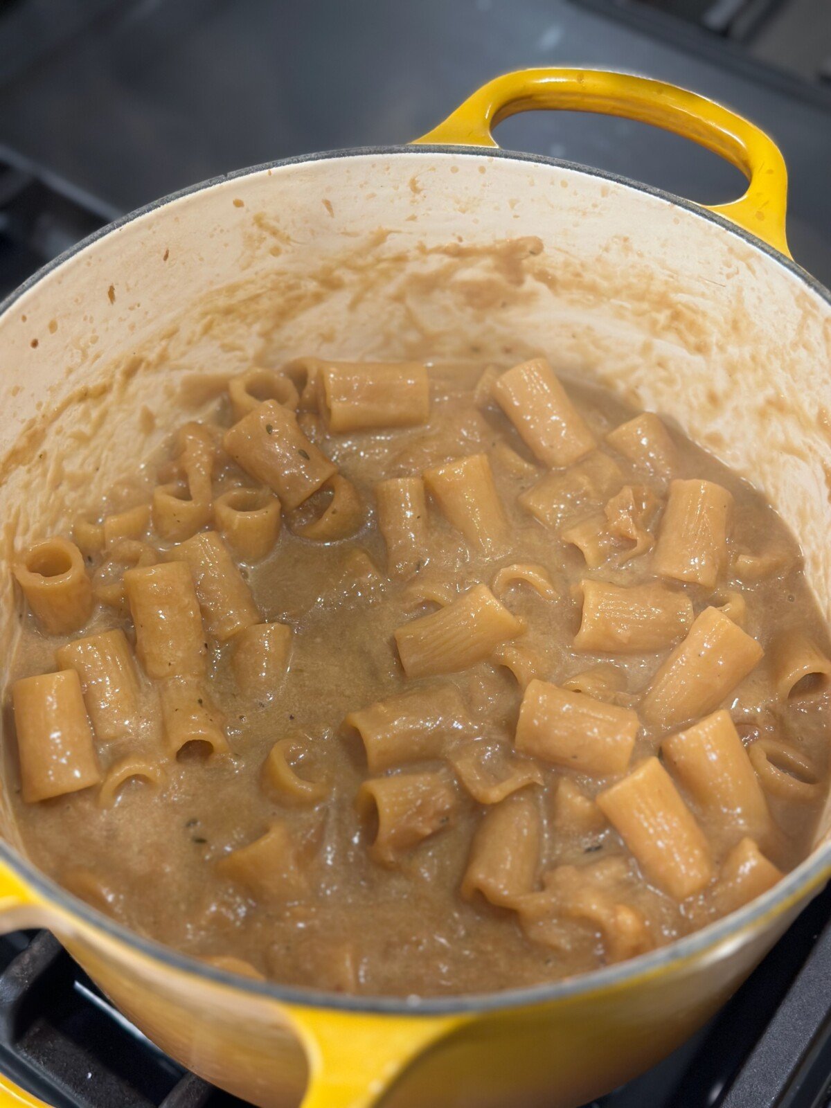 Dutch Oven with Pasta and Broth For French Onion Pasta