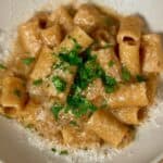 One pot french onion pasta in a bowl sprinkled with parsley and freshly grated parmesan cheese.