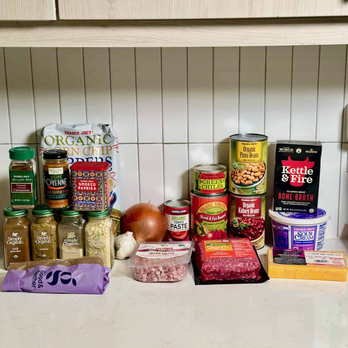 Ingredients for classic beef chili on the counter.