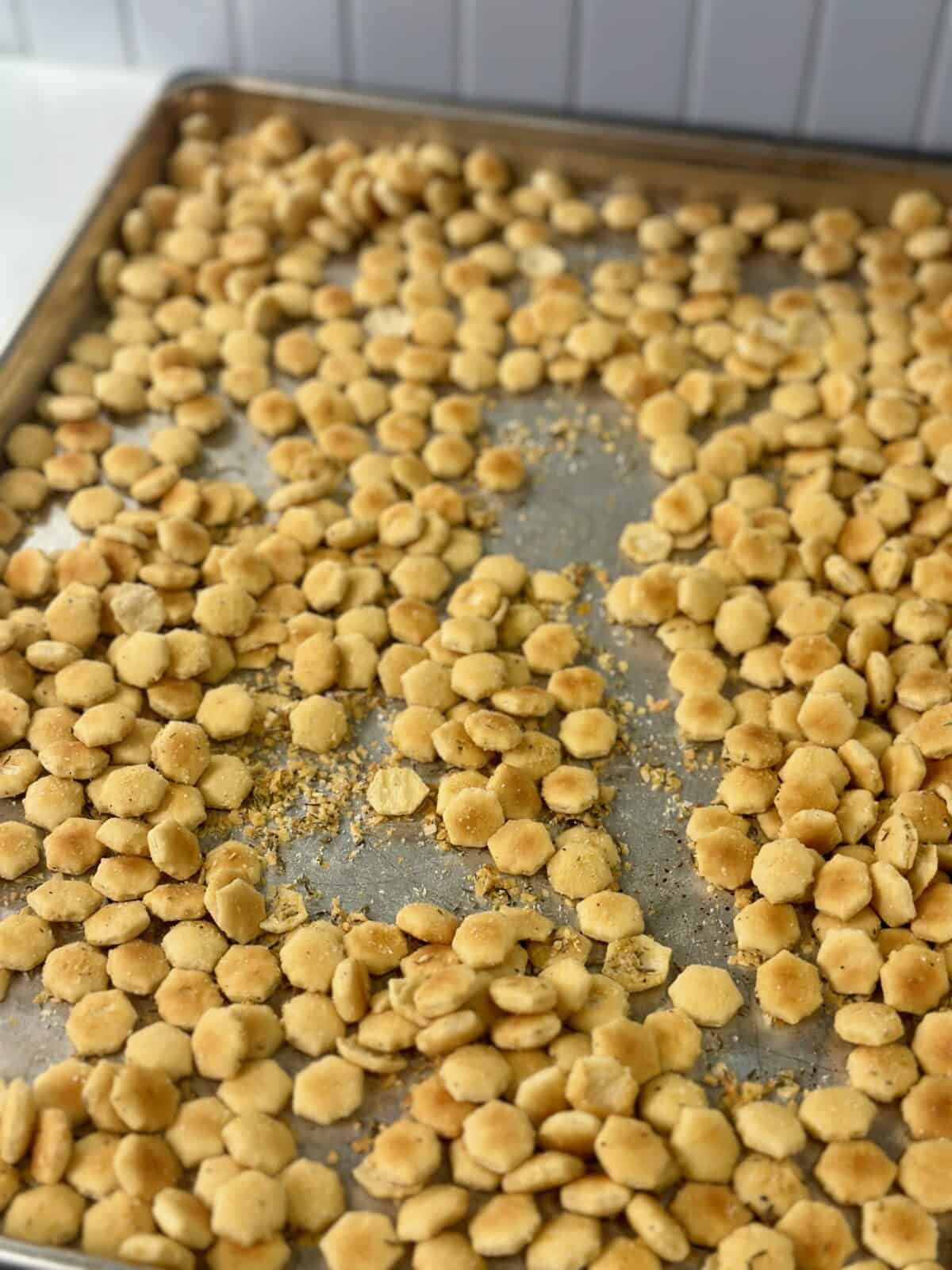 Baking Sheet with golden toasted French Onion Oyster Crackers