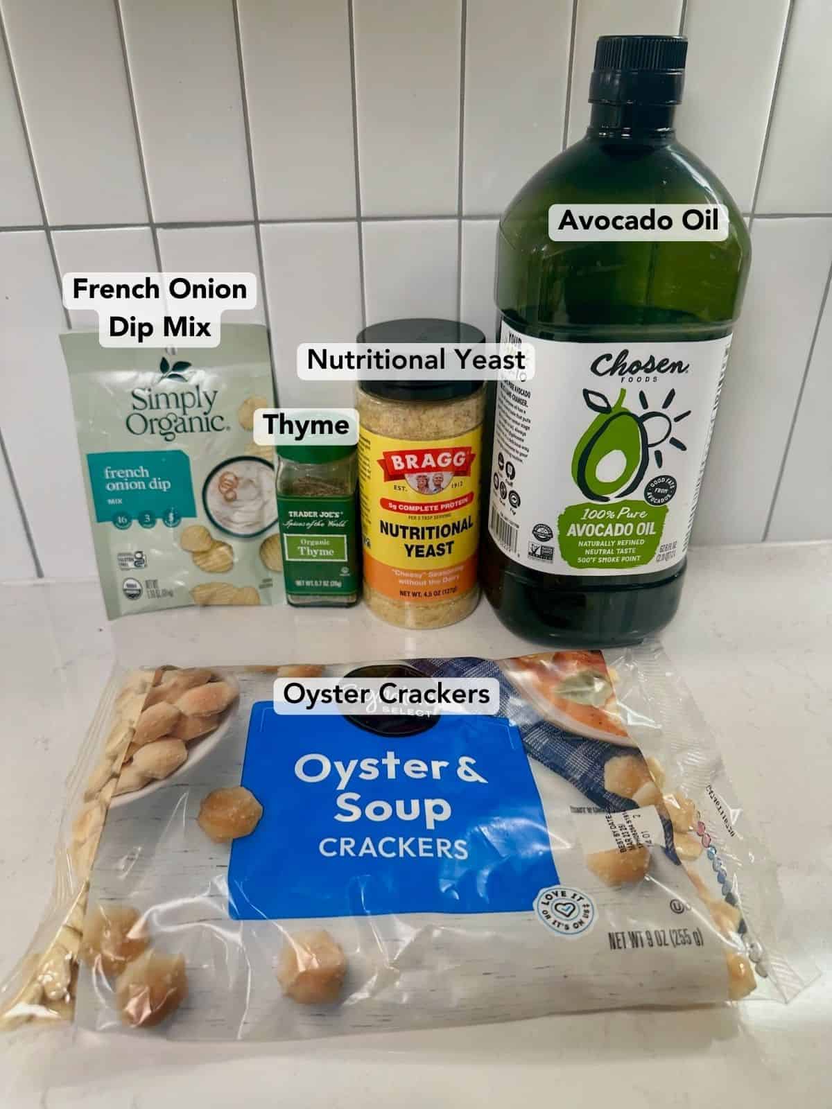 French onion oyster crackers ingredients displayed including oyster crackers, French onion dip mix, nutritional yeast, and seasonings labeled.