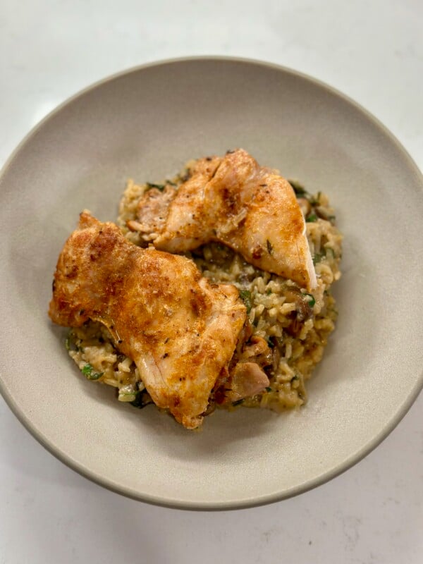 One Pot Creamy Chicken and Mushroom Rice in a serving bowl