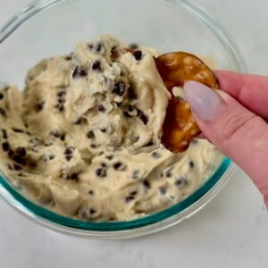 Chocolate chip cookie dough dip on pretzel