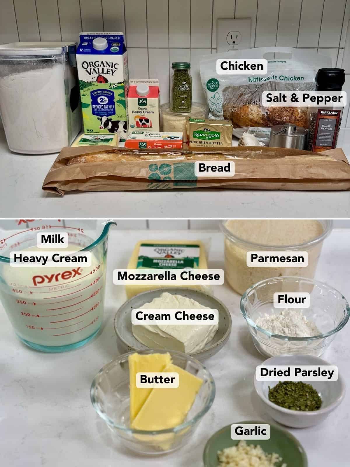 Ingredients for baked chicken alfredo dip arranged on a kitchen counter.