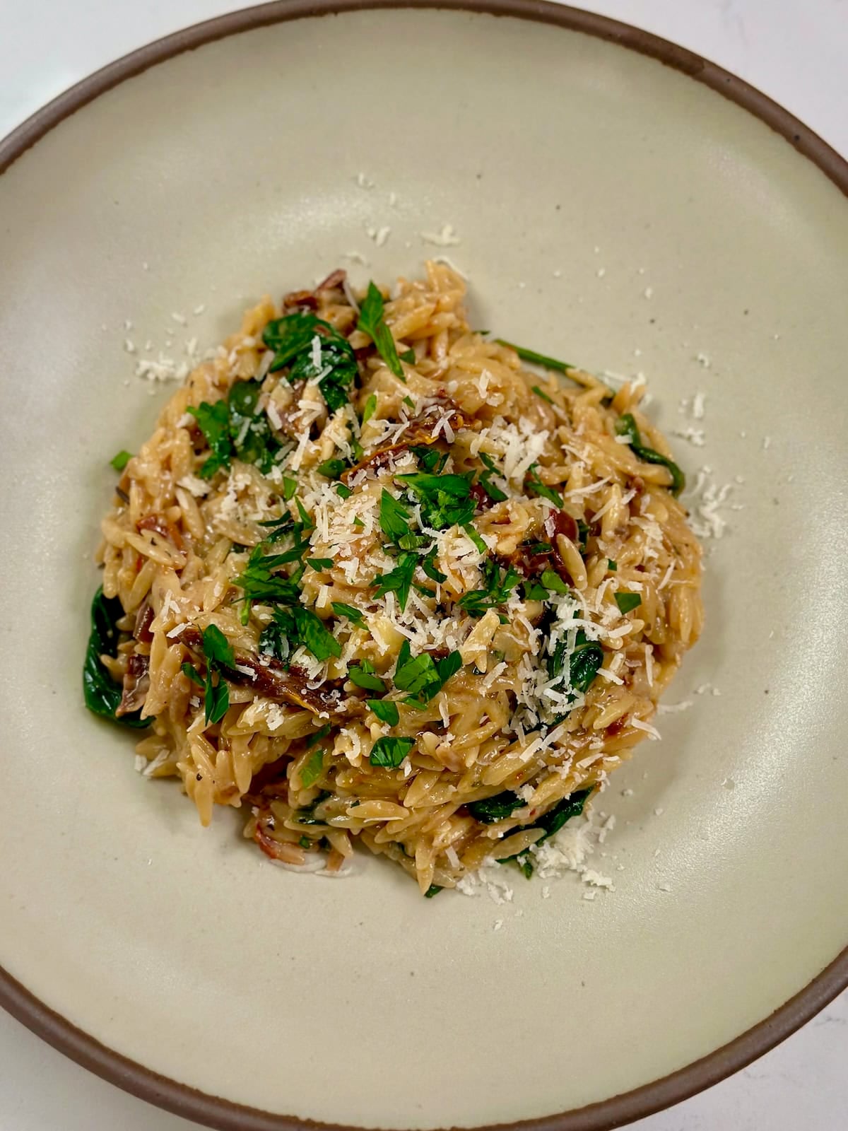 One pan boursin sundried tomato orzo plated in a bowl.