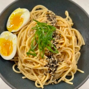Garlic Butter Miso Noodles in serving bowl
