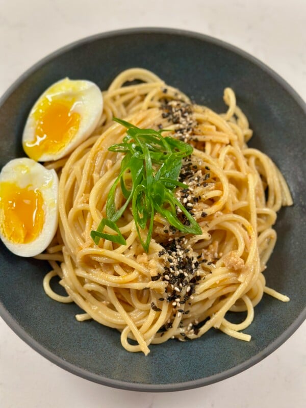 Garlic Butter Miso Noodles in serving bowl