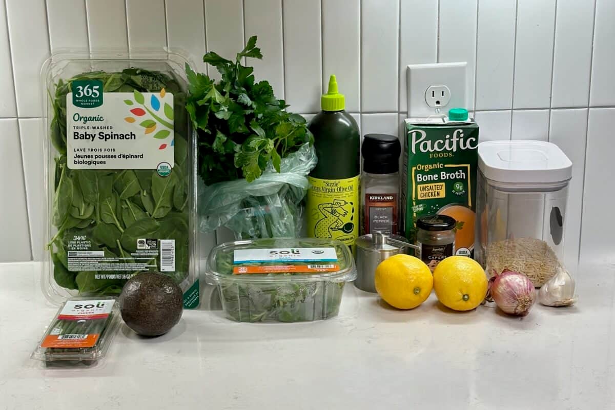 Green Goddess Orzo ingredients on the counter.