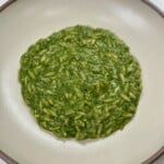 Green goddess orzo in white bowl for serving.
