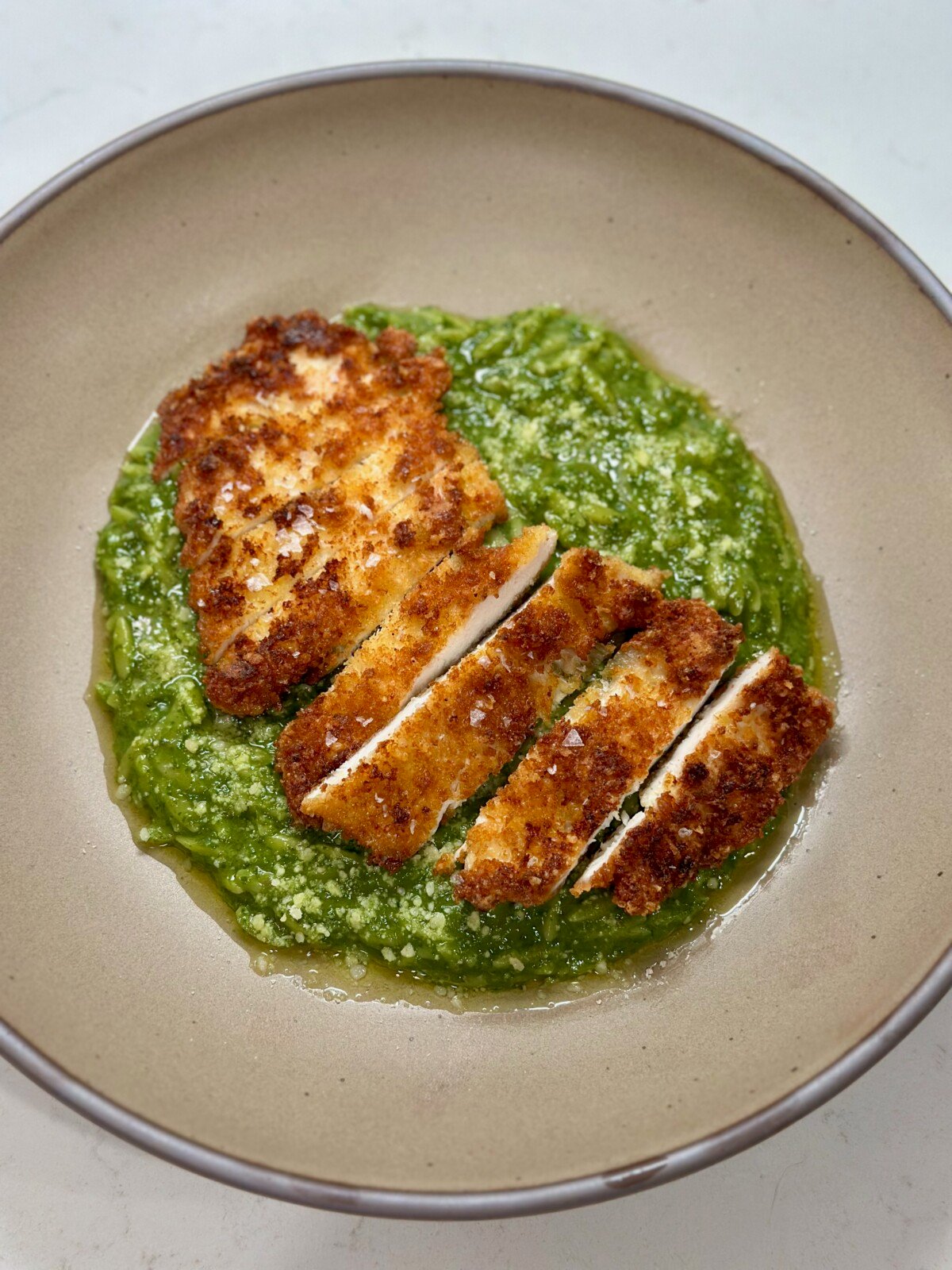 Green goddess orzo with crispy parmesan chicken