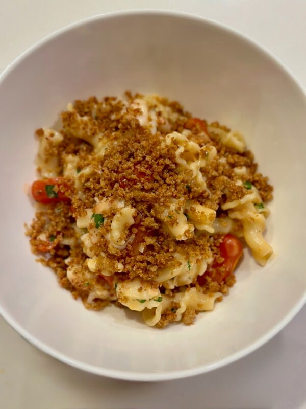 Lobster Bisque Pasta in Bowl with Breadcrumbs