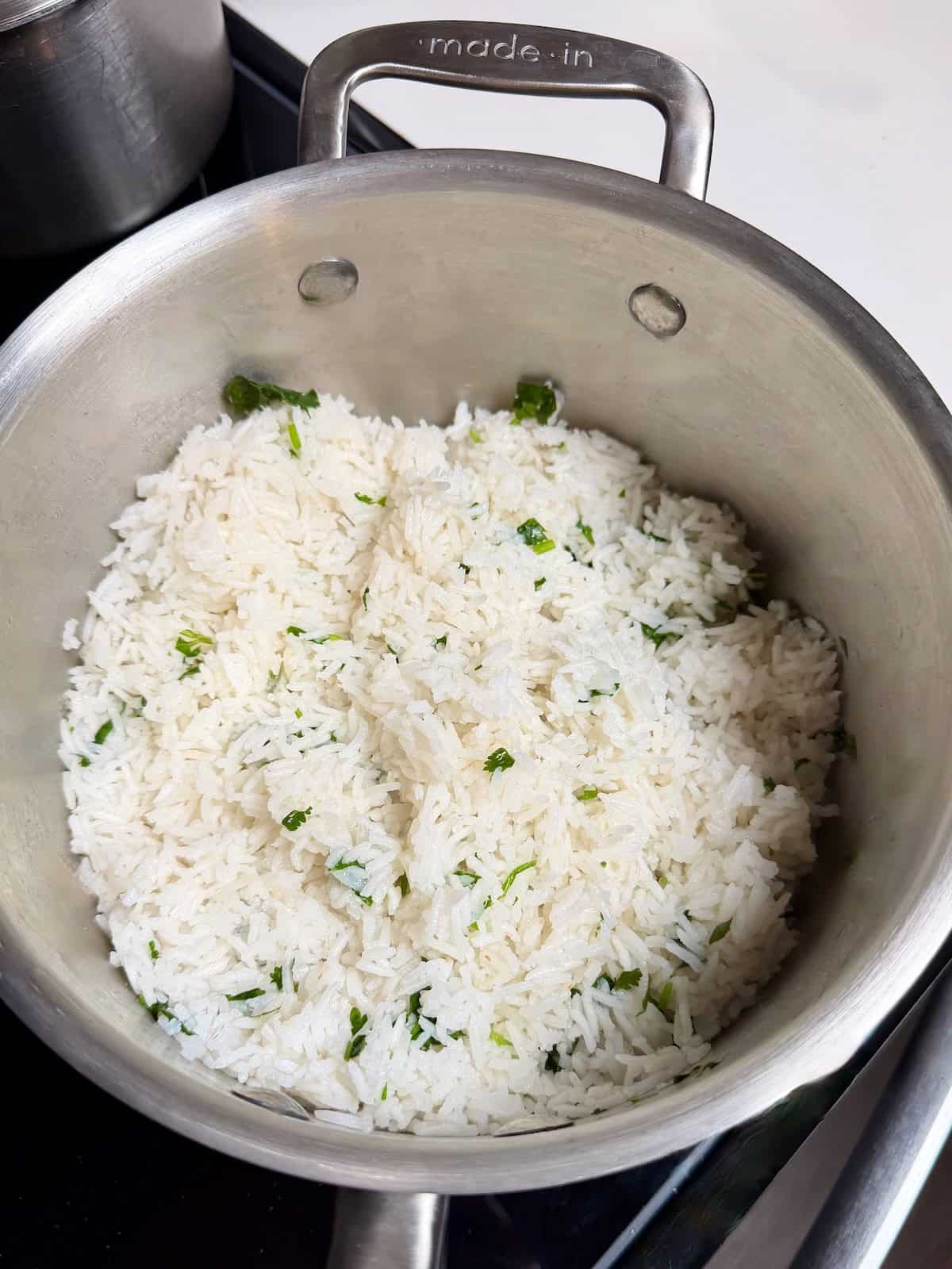 Chipotle copycat cilantro lime rice mixed and ready to serve.