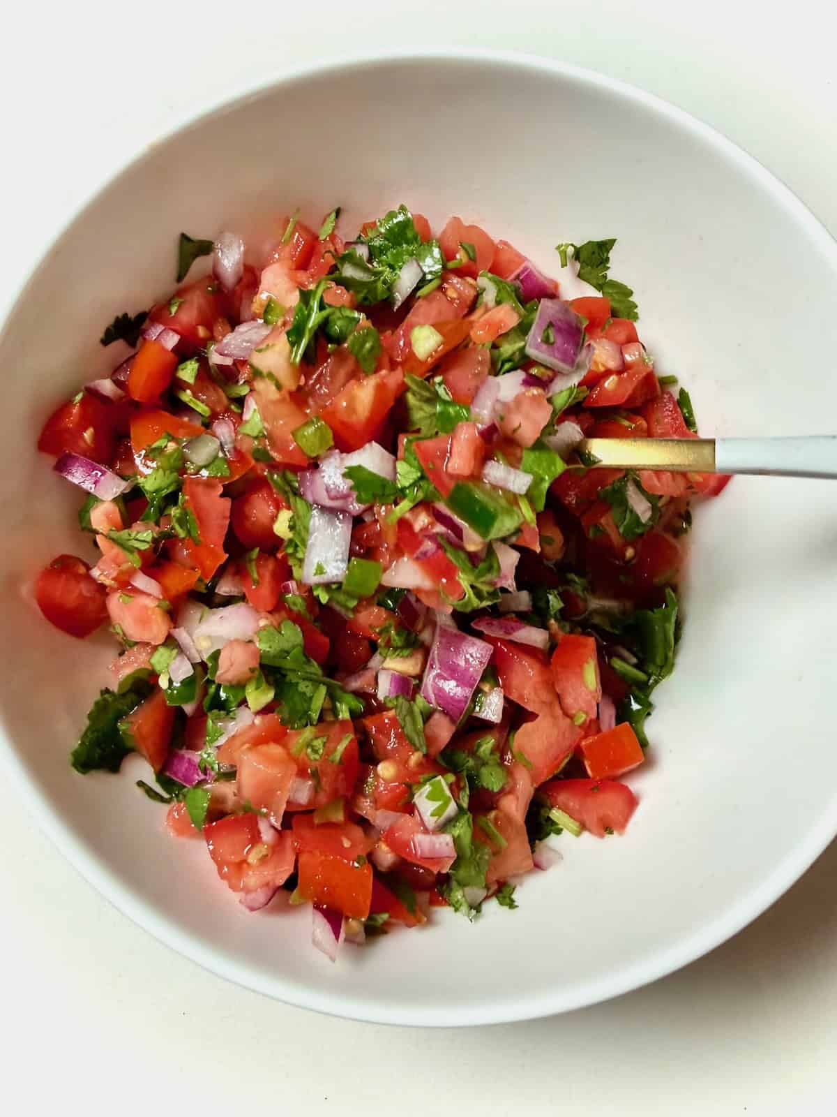 Fresh Tomato Salsa in bowl on spoon.