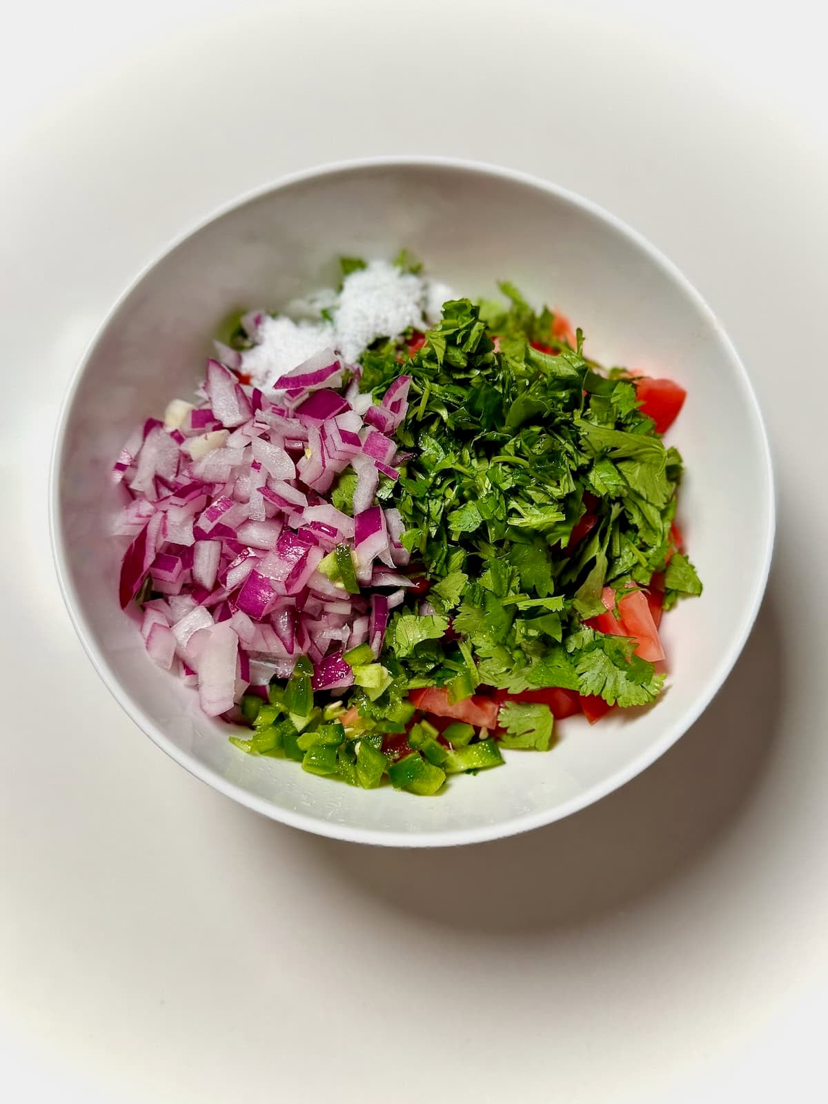 Chopped ingredients for tomato salsa in bowl.