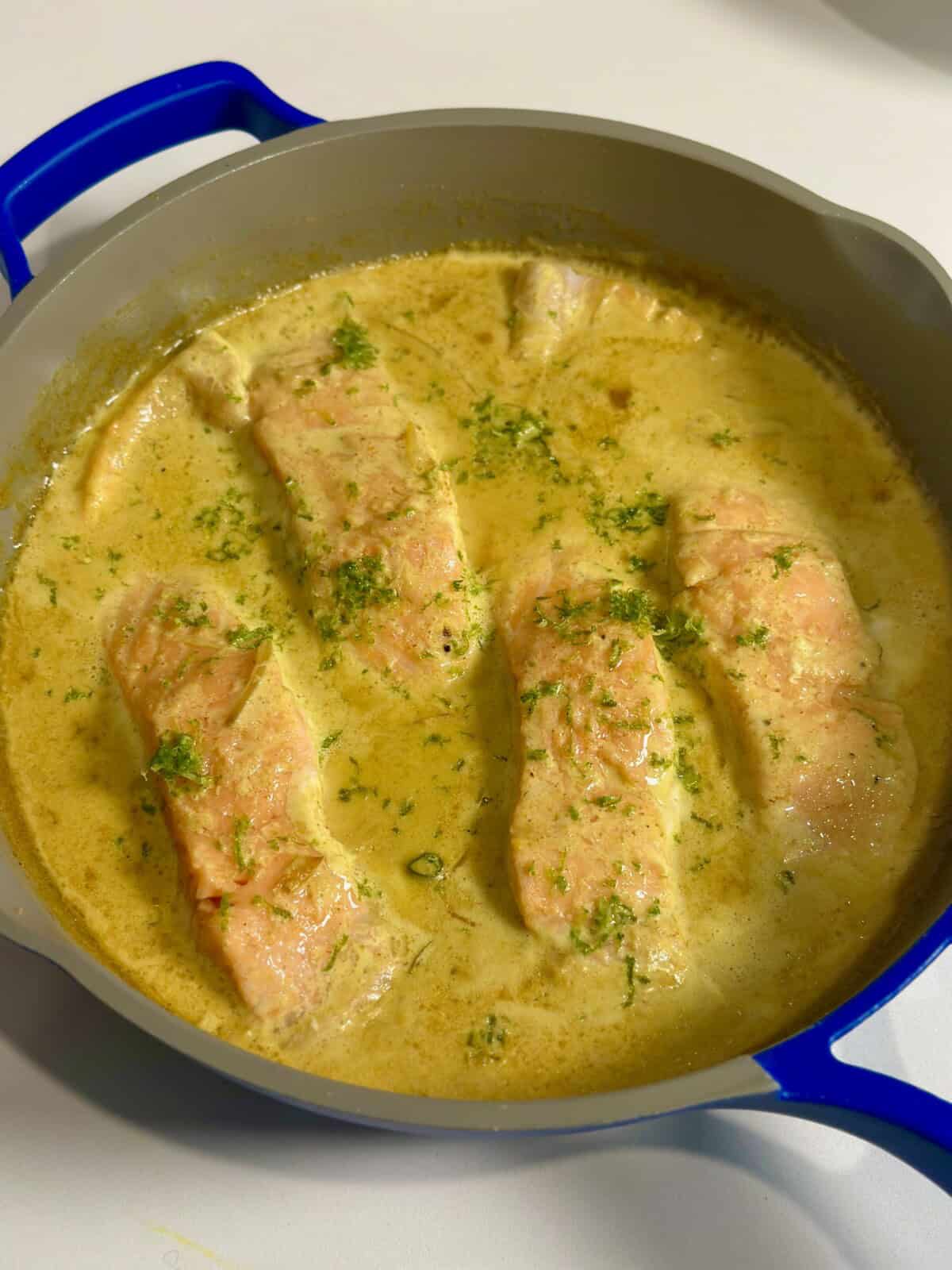 Poached Coconut Curry Salmon in Pan