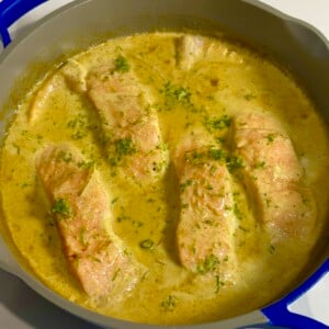 Poached Coconut Curry Salmon in Pan