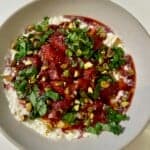 Bowl with Stracciatella, Roasted Strawberries, Basil, and Pistachios