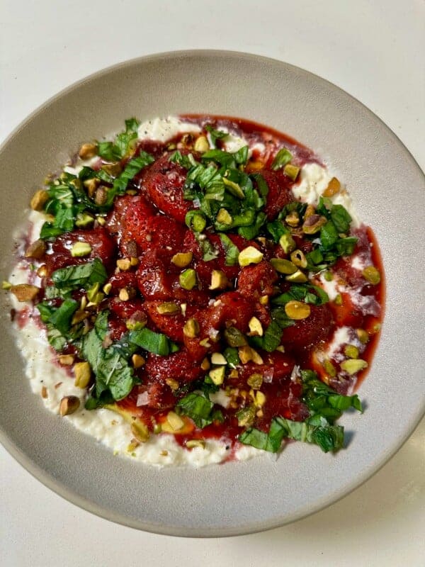 Bowl with Stracciatella, Roasted Strawberries, Basil, and Pistachios