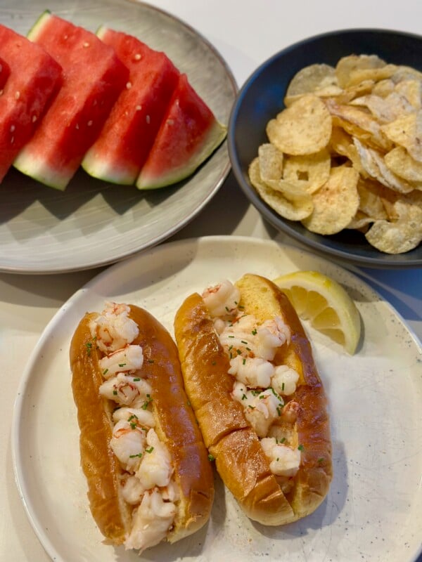 Shrimp Rolls with Salt and Vinegar Chips and Watermelon