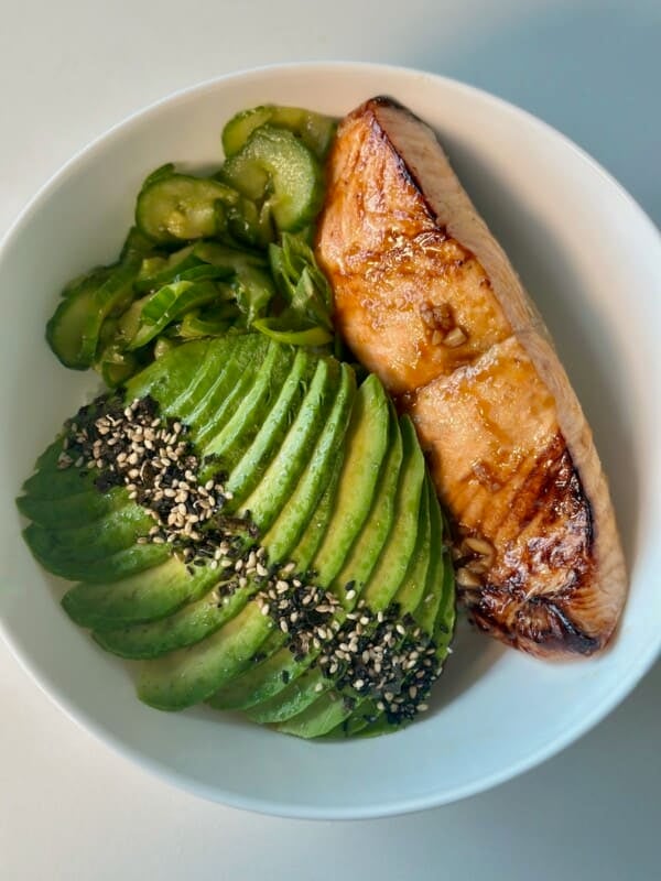 Air Fryer Ponzu Salmon with Cucumbers and Avocado