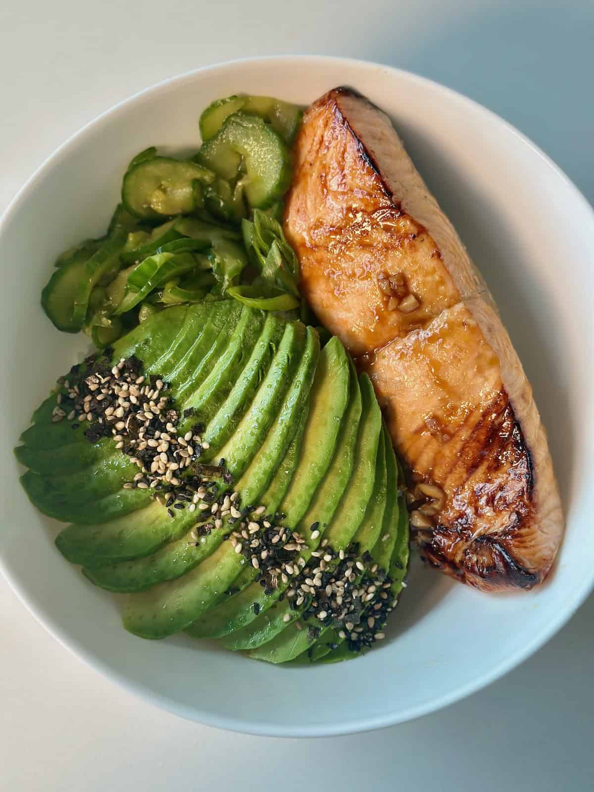 Air Fryer Ponzu Salmon with Cucumbers and Avocado