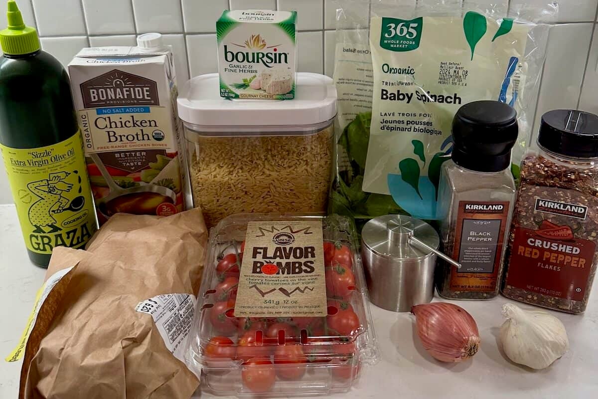 Ingredients for Tomato Boursin Shrimp Baked Orzo on the Counter