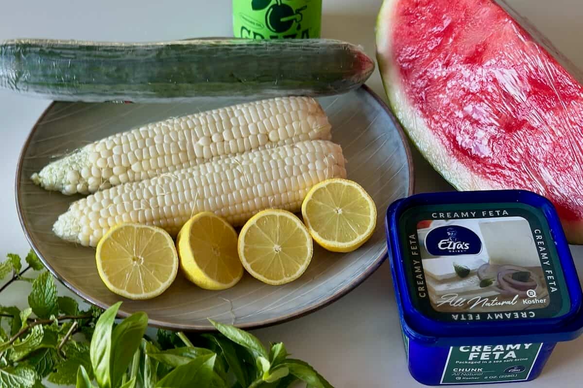 Ingredients for Watermelon Feta Salad on Counter