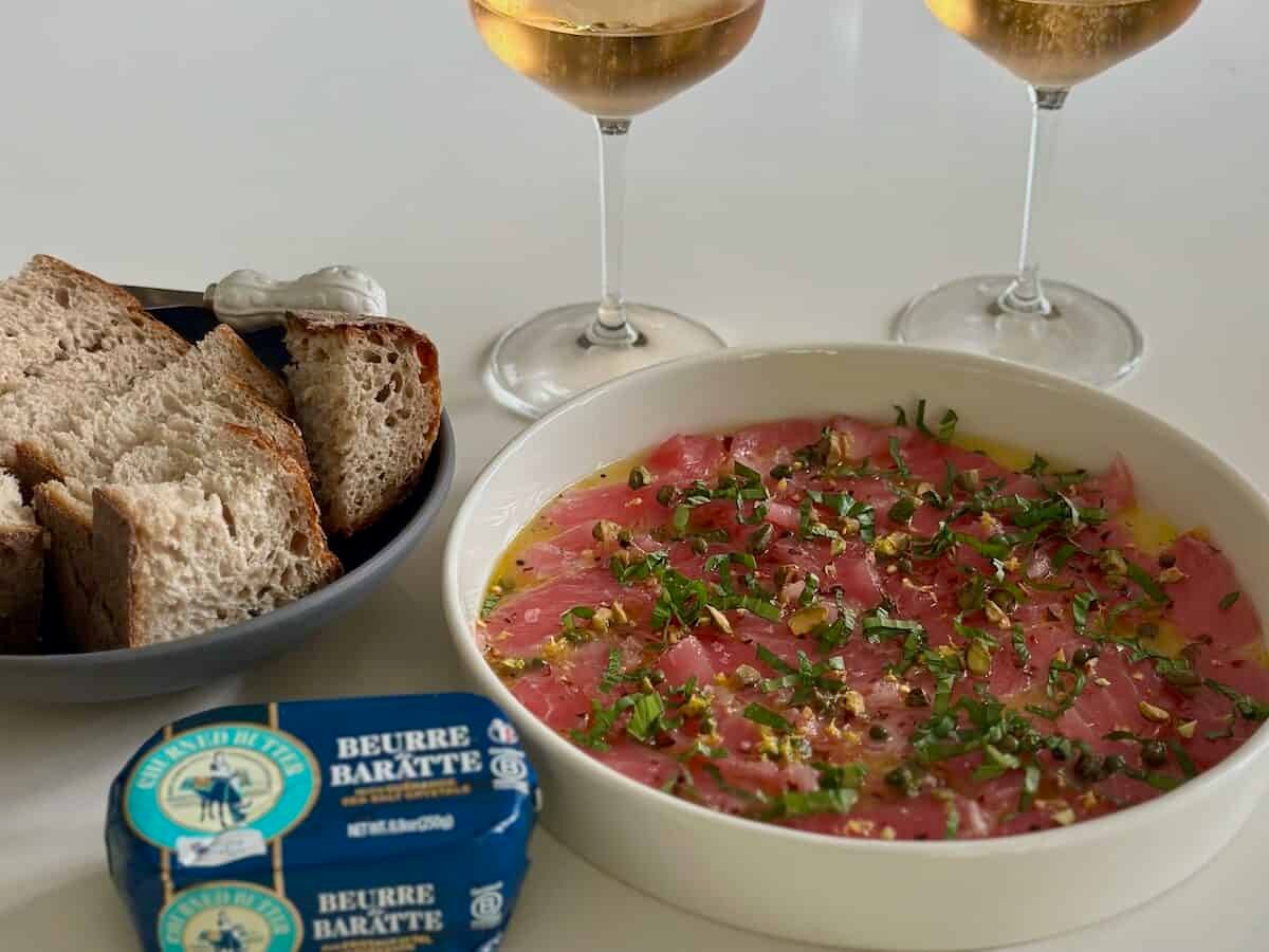 Tuna Crudo with Bread and Champagne
