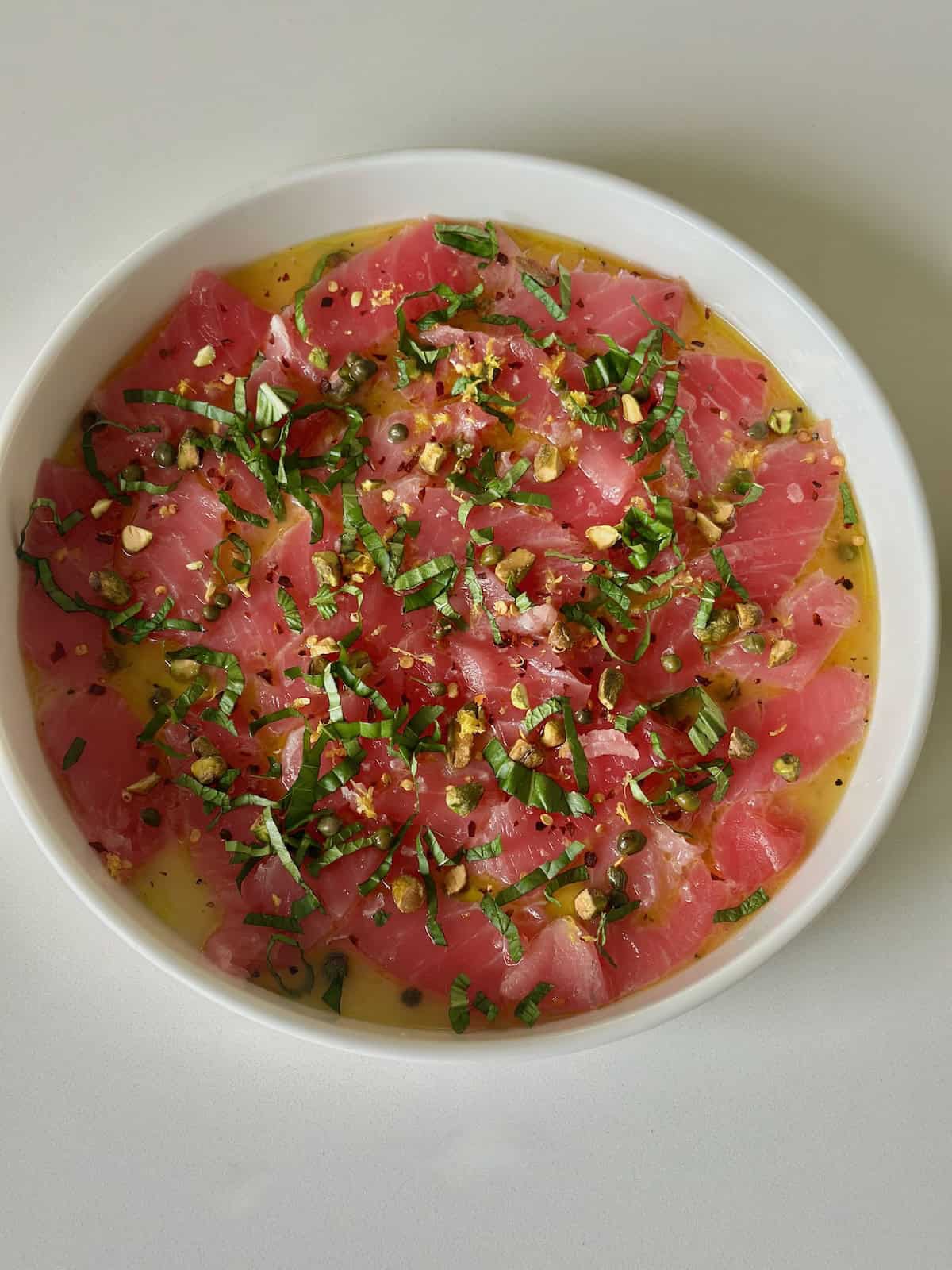 Tuna Crudo with Citrus Vinaigrette in Serving Dish